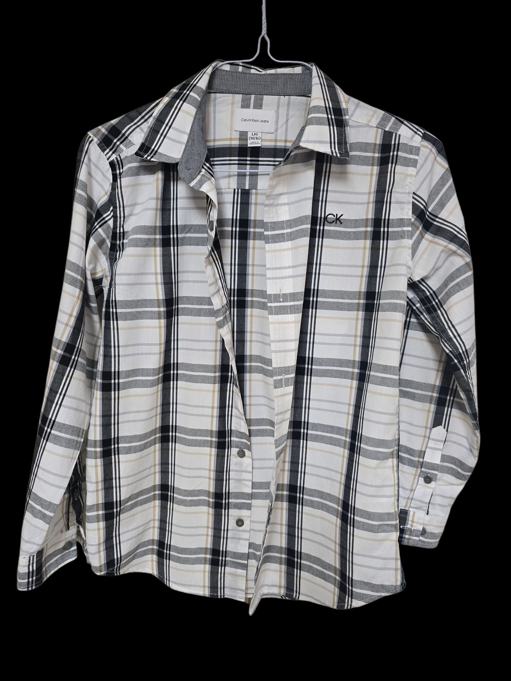 Calvin Klein Plaid Button-Down Shirt in Black, White & Tan (Kids)